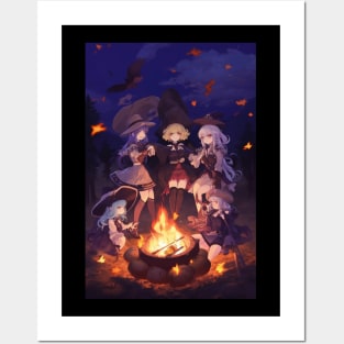 Cute Anime Witches at the Campfire with Glowing Embers Posters and Art